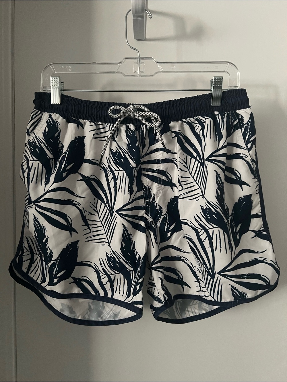 Magic Navy and White Tropical Leaf Swim Trunks
